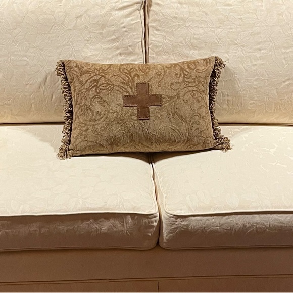 Soft Damask Chenille Decorative Pillow with Leather Cross and Fringe - Picture 8 of 8
